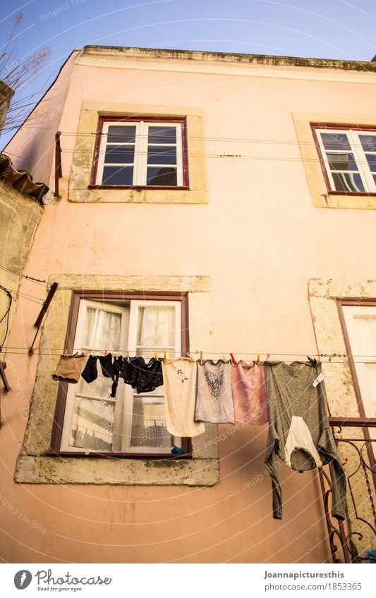 dry Living or residing Flat (apartment) Small Town Facade Window Clothing Hang Cleaning Authentic Simple Wet Dry Life Laundry Clothesline Colour photo