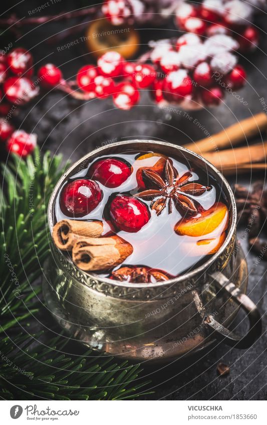 Old cup with mulled wine Fruit Herbs and spices Banquet Beverage Hot drink Mulled wine Cup Style Design Joy Winter Table Feasts & Celebrations