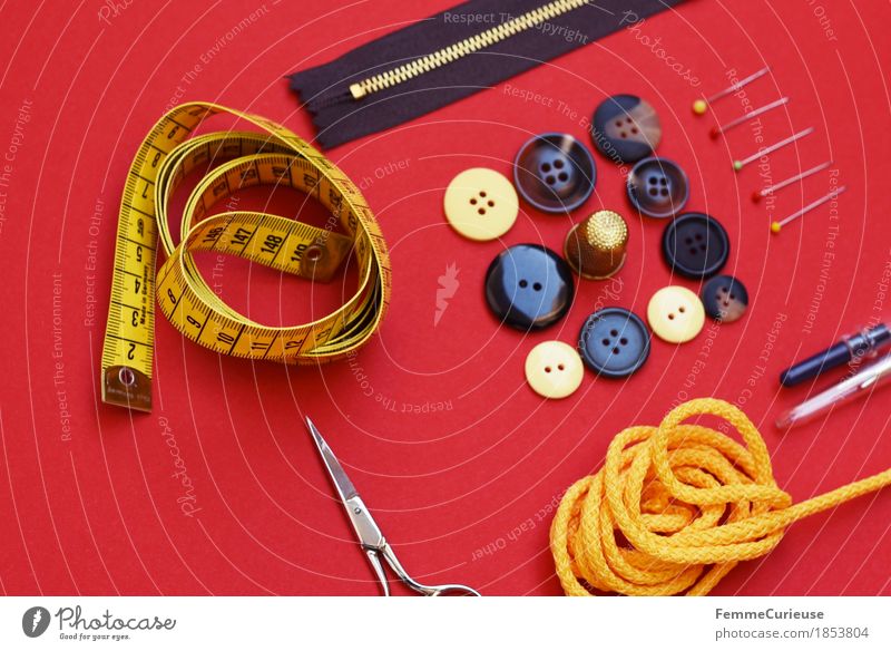 Sewing_1853804 Fashion Creativity accessories Tape measure Buttons String Scissors Zipper Pin Thimble Dry goods Make Red Still Life Arranged Clothing Design