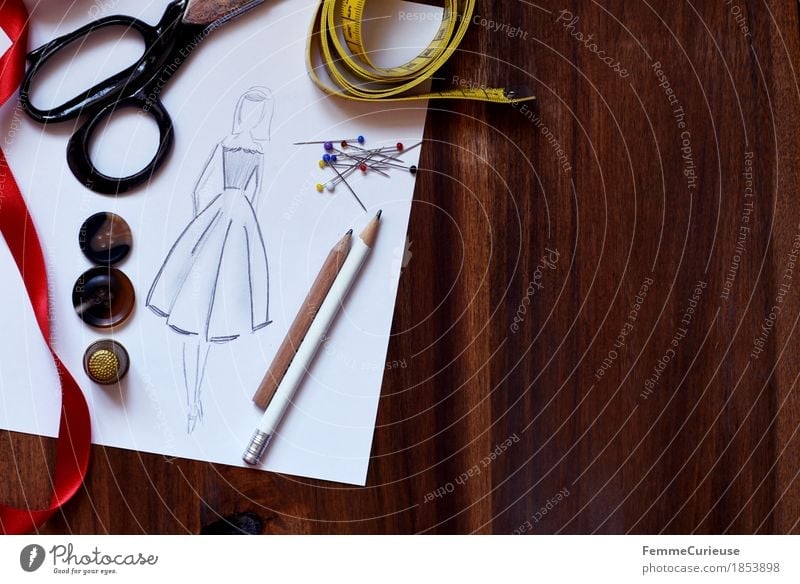Fashion design_1853898 Creativity fashion design Design Designer Ladies' fashion Conceptual design Planning Still Life Dress Skirt Scissors String Tape measure