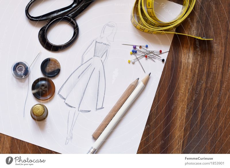 Fashion design_1853901 Creativity Tailoring Sewing Make Tape measure Measure Pin Ladies' fashion Clothing Designer Dress Skirt Buttons Scissors Thimble