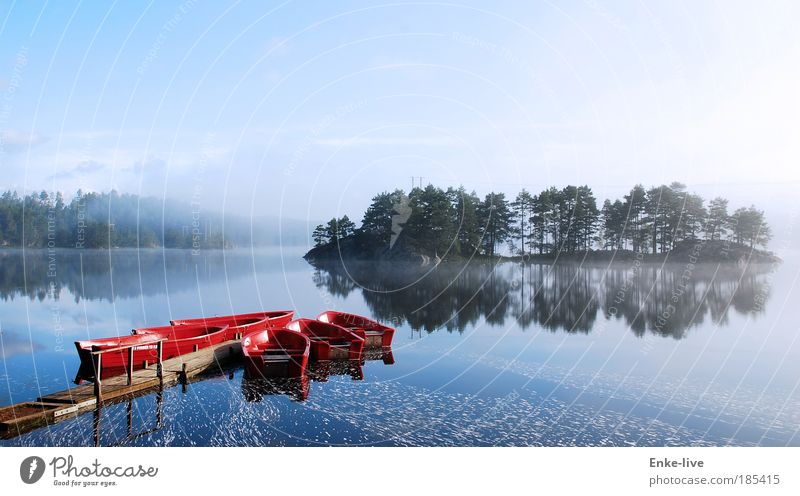 red boat lake fog Harmonious Senses Leisure and hobbies Fishing (Angle) Expedition Island Nature Landscape Water Fog Lakeside Exceptional Fantastic Gigantic