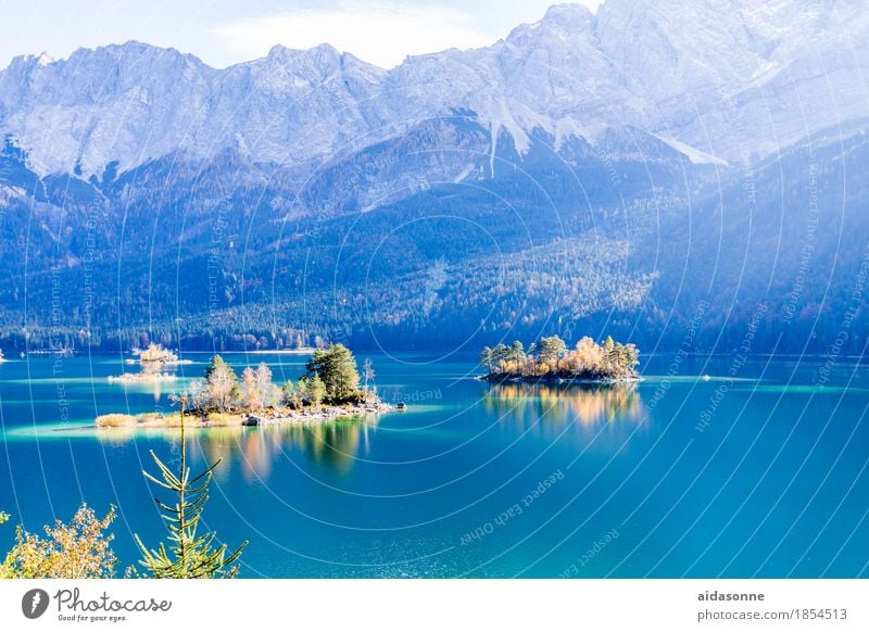 Eibsee Nature Landscape Plant Water Beautiful weather Forest Rock Alps Mountain Lake Eib Lake Romance Attentive Serene Calm Zugspitze Colour photo Deserted Day