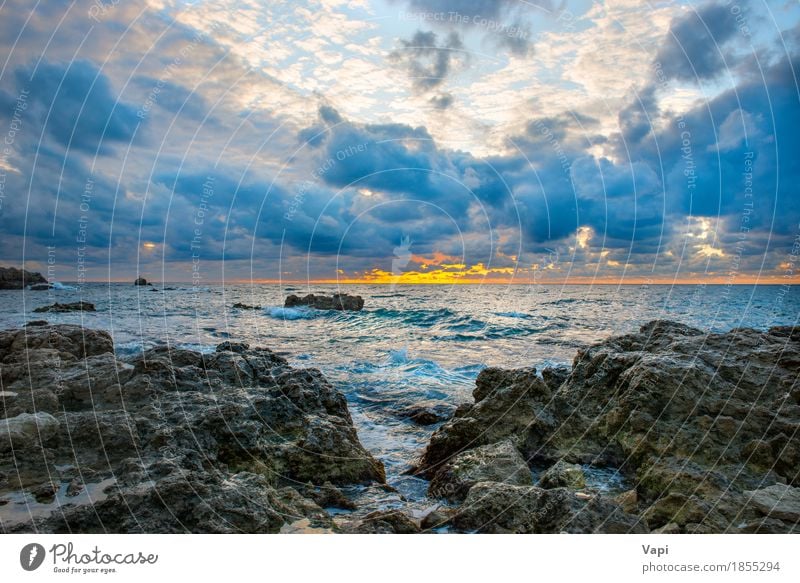 Sea landscape with bad weather Vacation & Travel Summer Sun Beach Ocean Waves Nature Landscape Water Sky Clouds Storm clouds Horizon Sunrise Sunset Sunlight