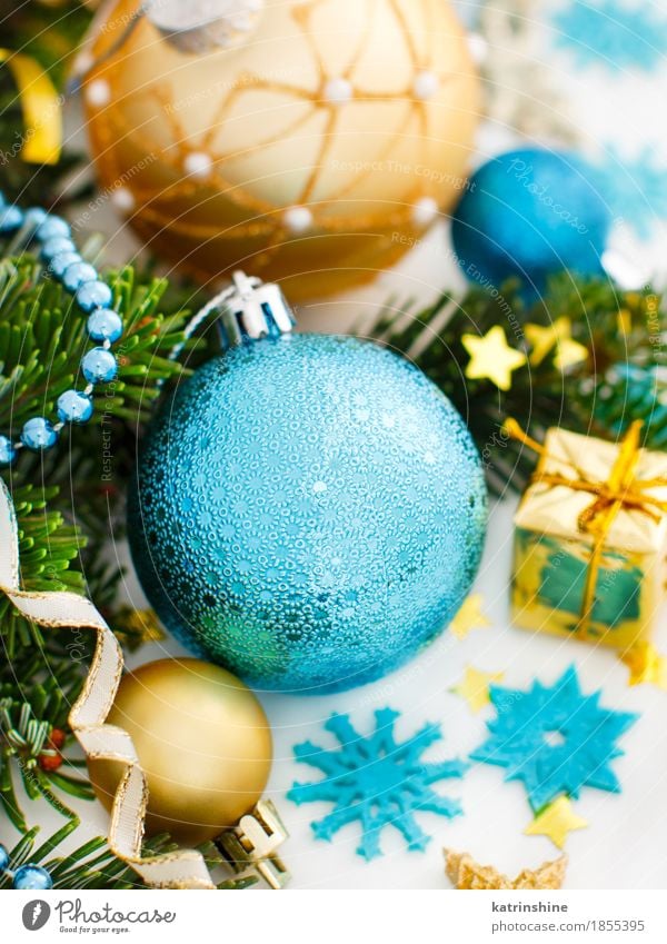 Turquoise and golden Christmas ornaments border Winter Decoration Christmas & Advent New Year's Eve Tree Ornament Sphere String Bright Blue Gold Green Tradition