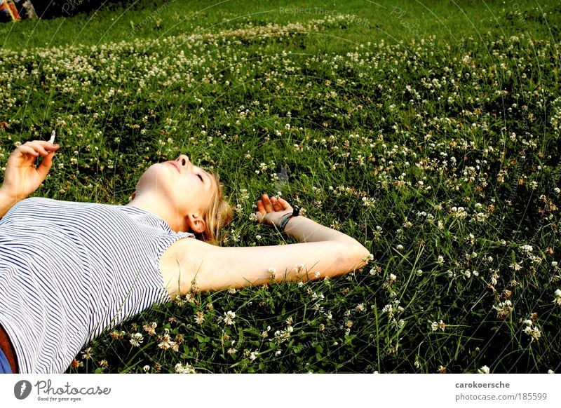 copper twist Happy Smoking Sunbathing Feminine Young woman Youth (Young adults) 1 Human being Summer Grass Wild plant Meadow Relaxation To fall To enjoy Vice