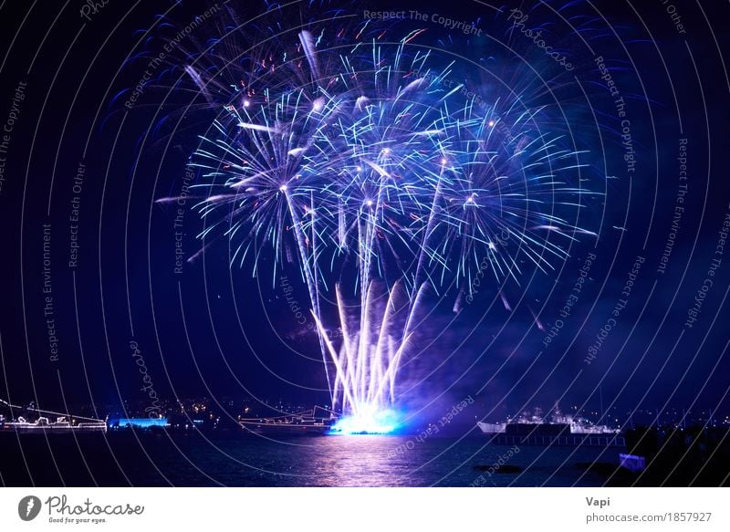 Blue colorful fireworks with water reflection Joy Freedom Waves Night life Entertainment Party Event Feasts & Celebrations Christmas & Advent New Year's Eve