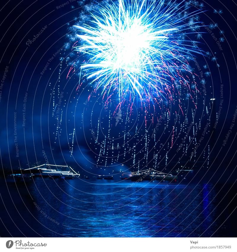 Blue fireworks on the black sky Joy Freedom Night life Entertainment Party Event Feasts & Celebrations Christmas & Advent New Year's Eve Art Water Sky Night sky