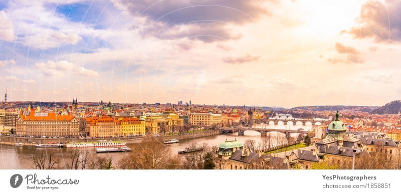 Prague city panorama Vacation & Travel Tourism Trip Sightseeing City trip Architecture Sky Clouds Sunrise Sunset Sunlight Spring River Capital city Skyline