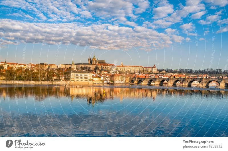 Prague skyline and water reflection Vacation & Travel Tourism Trip Sightseeing City trip Architecture Culture Nature Landscape Water Sky Clouds River