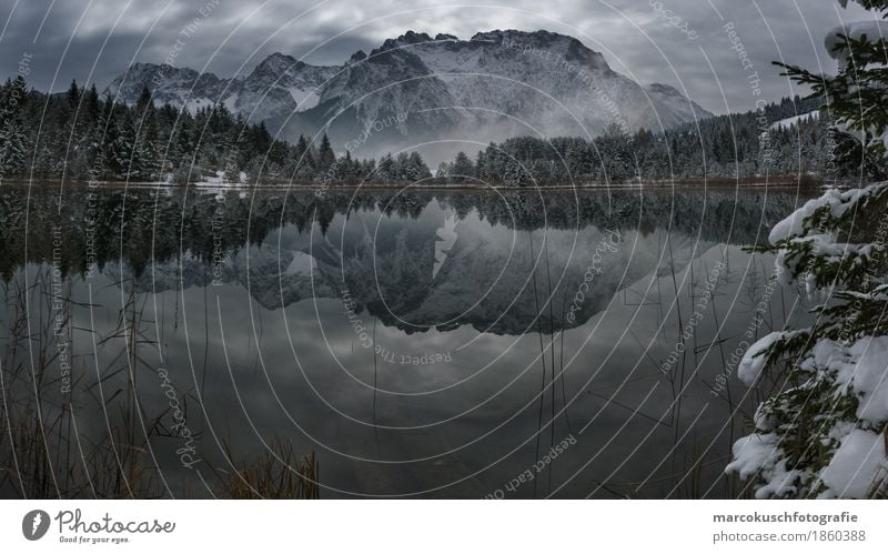 mountain mirror Environment Nature Landscape Water Clouds Night sky Moon Full  moon Autumn Winter Bad weather Fog Ice Frost Snow Hill Rock Alps Mountain