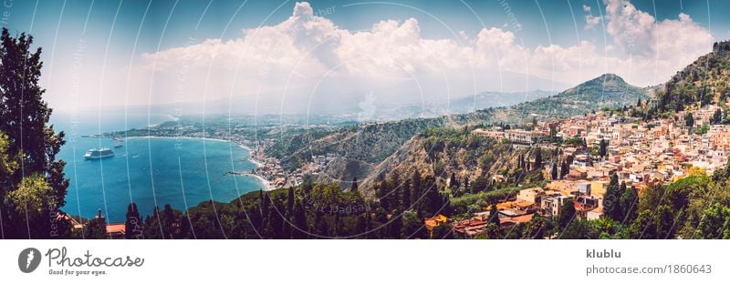Panoramic view of Taormina, Sicily, Italy Tourism Ocean Island Mountain House (Residential Structure) Theatre Landscape Plant Cactus Volcano Coast Village Town