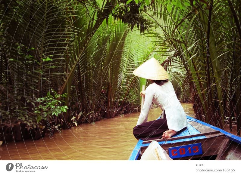 Mekong Delta Vietnam Vietnamese Human being 1 Palm tree Water River Hat Tourism Trip Watercraft Channel Landscape Nature Environment Vacation & Travel