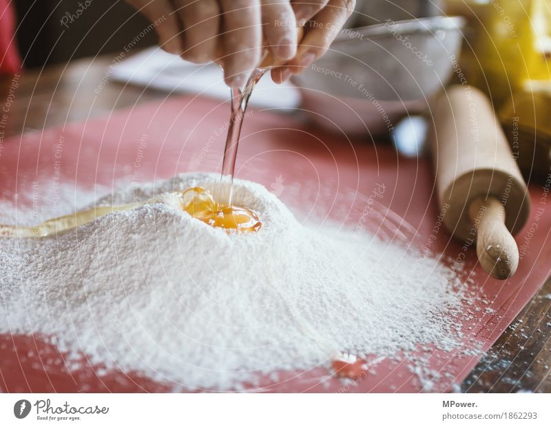 flour & egg Food Candy Nutrition Work and employment Baking Flour Egg Baker Handcrafts Rolling pin Yolk Colour photo Interior shot Close-up