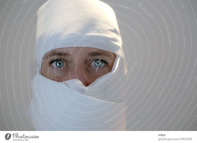 Knight of Wisdom Lifestyle Leisure and hobbies Feminine Woman Adults Face Eyes 1 Human being Mask Scarf Rag Helmet Toilet paper Looking Exceptional White