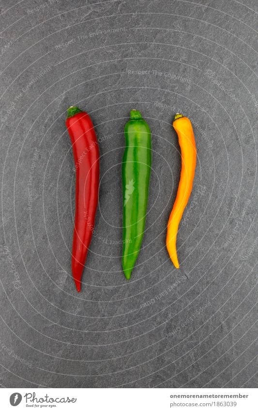 3 chilli Art Work of art Esthetic Chili Tangy Red Green Yellow Slate Vegetable Herbs and spices Food photograph Colour photo Multicoloured Interior shot