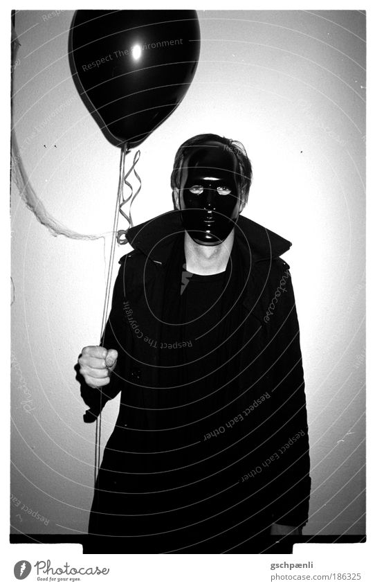 scared of the black man Man Adults 1 Human being Art Coat Mask Balloon Threat Dark Creepy Trashy Black White Fear Horror Fear of death Fear of the future