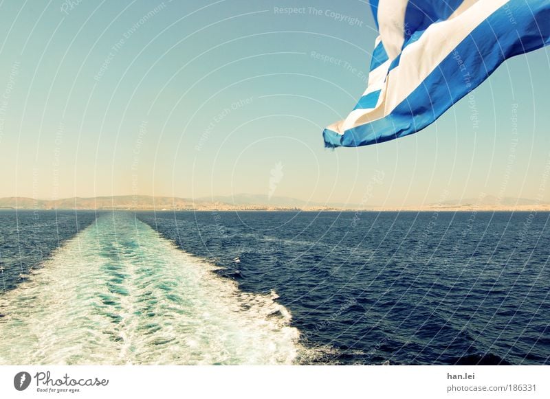 off to the south Vacation & Travel Far-off places Summer Summer vacation Ocean Waves Water Flag Blow Greece Blue Blue sky Watercraft Navigation Athens