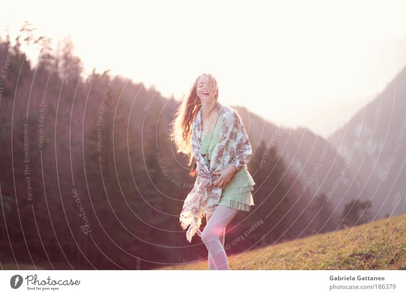 . Feminine Hair and hairstyles Landscape Clothing Dress Stockings Scarf Blonde Long-haired Laughter Dance Happy Infinity Violet Emotions Happiness Contentment