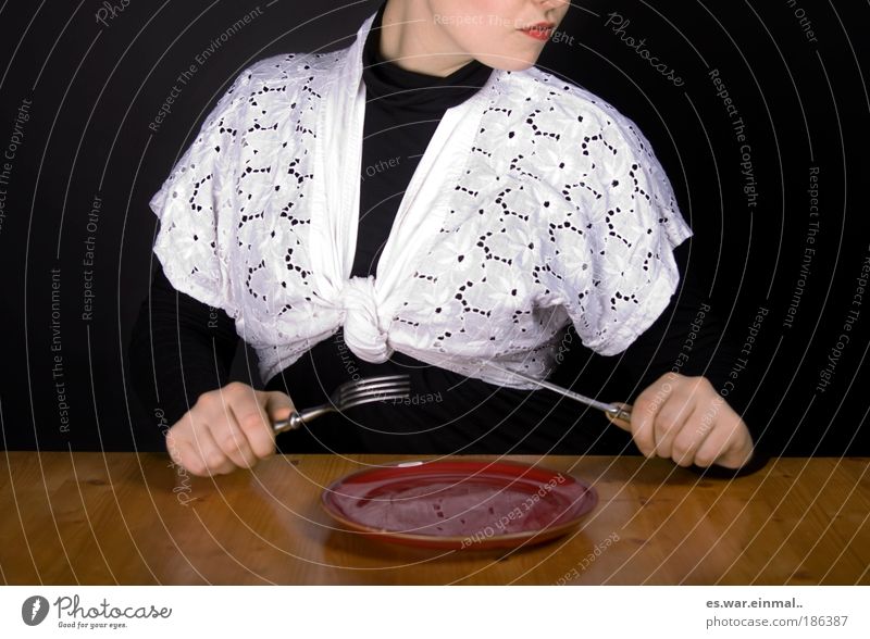Grandma's tablecloth. Lunch Feminine Hand 1 Human being Actor Fashion Clothing Diet Eating Feeding Exceptional Knives Fork Plate Empty Foraging Lipstick Table