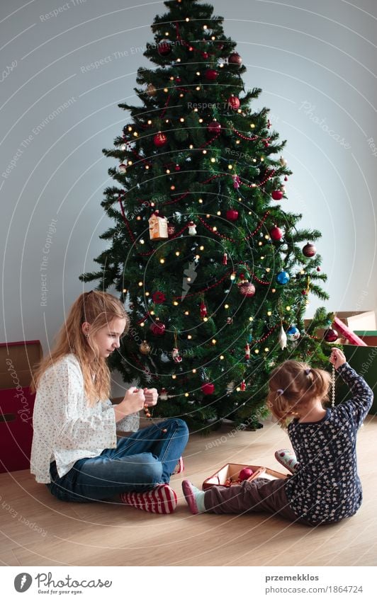 Young girl and her little sister decorating Christmas tree Lifestyle Joy Decoration Feasts & Celebrations Christmas & Advent Child Toddler Girl Sister