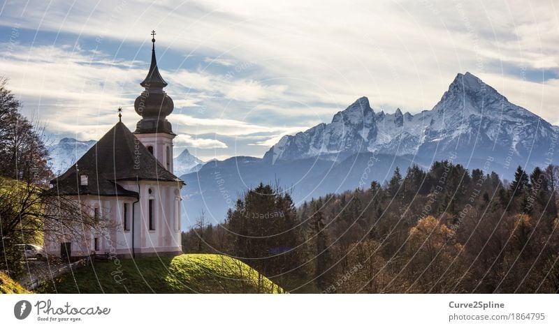 Church Maria Gern Landscape Sky Clouds Autumn Ice Frost Snow Meadow Forest Hill Rock Alps Mountain Peak Snowcapped peak Village Sign Religion and faith