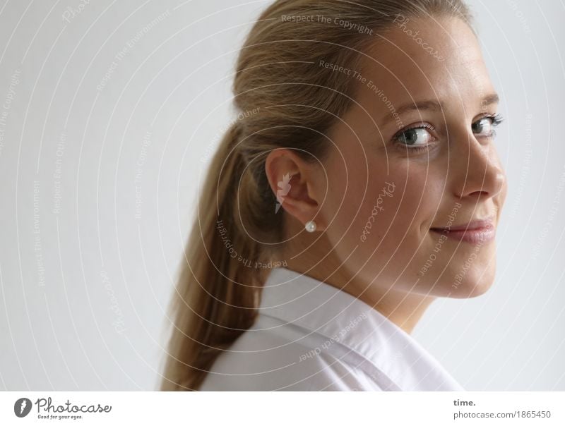 . Feminine 1 Human being Shirt Jewellery Earring Blonde Long-haired Braids Observe Smiling Looking Beautiful Happy Contentment Joie de vivre (Vitality) Optimism
