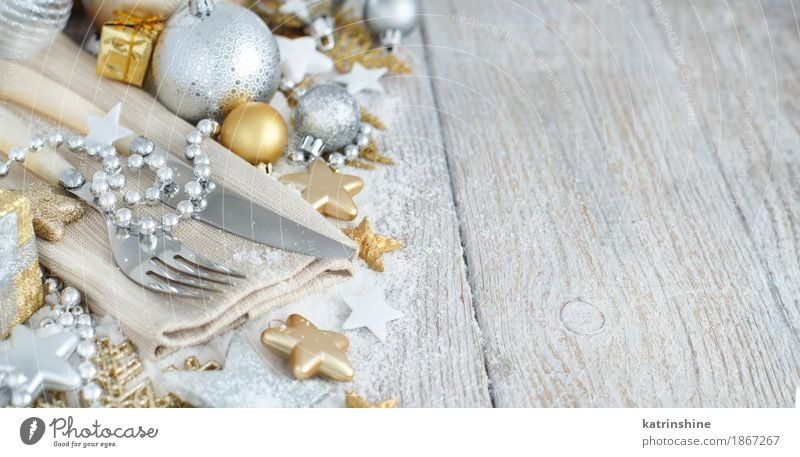 Silver and golden Christmas Table Setting Plate Cutlery Knives Fork Decoration Feasts & Celebrations Christmas & Advent New Year's Eve Ornament Exceptional Gold