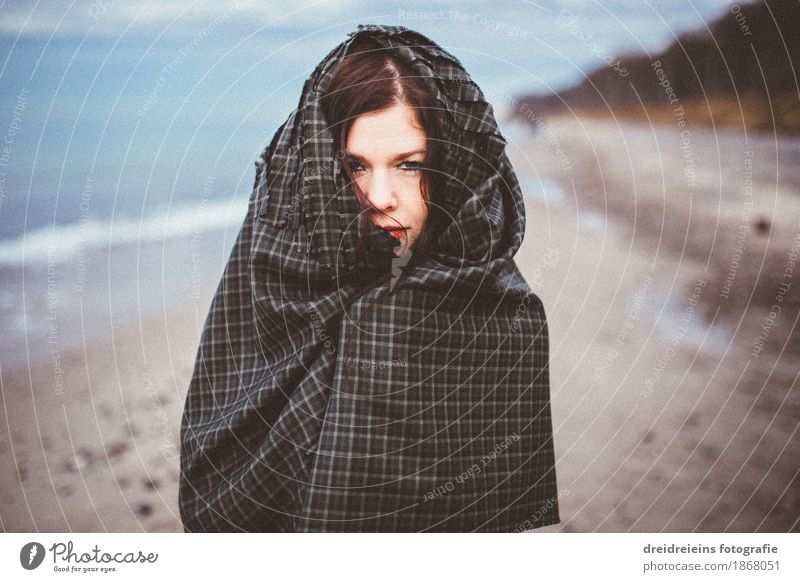 cloaked. Lifestyle Style Beach Human being Feminine Woman Adults Fashion Cape Headscarf Observe Looking Elegant Exotic Hip & trendy Uniqueness Cold Retro