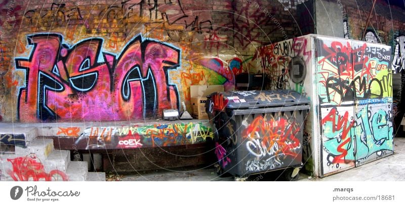backyard Backyard Multicoloured Tagger Wall (building) Facade Trash container Typography Derelict Dirty Panorama (View) Street art Graffiti Wide angle Abstract