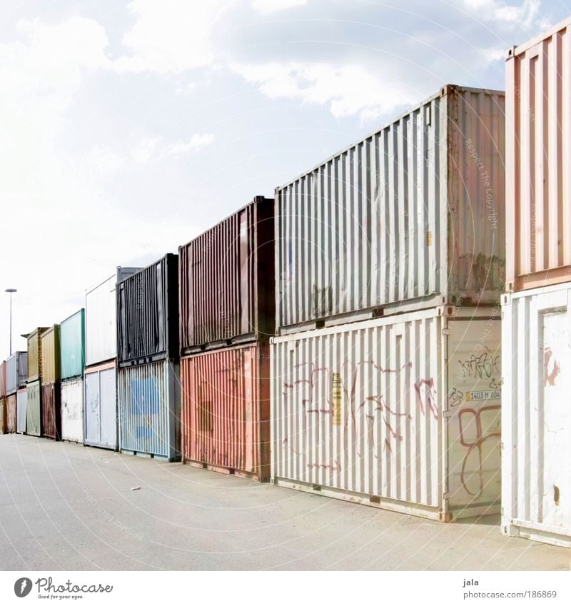 Container. Industrial plant Factory Harbour Logistics Truck Rail transport Large Sky Goods Storage Trade Maximum Colour photo Deserted Day Light
