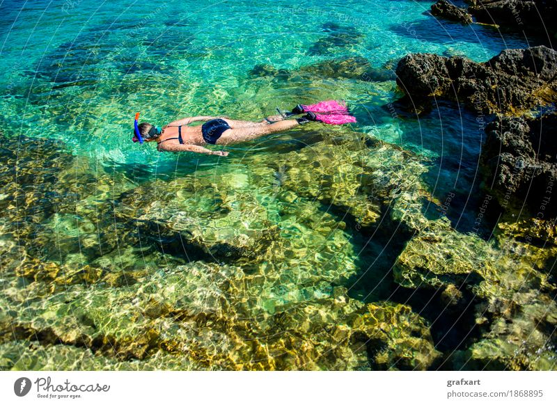 Beautiful woman in bikini snorkelling in the water at the coast Woman Bikini Coast Athletic Eroticism Snorkeling Vacation & Travel Action Relaxation Fitness