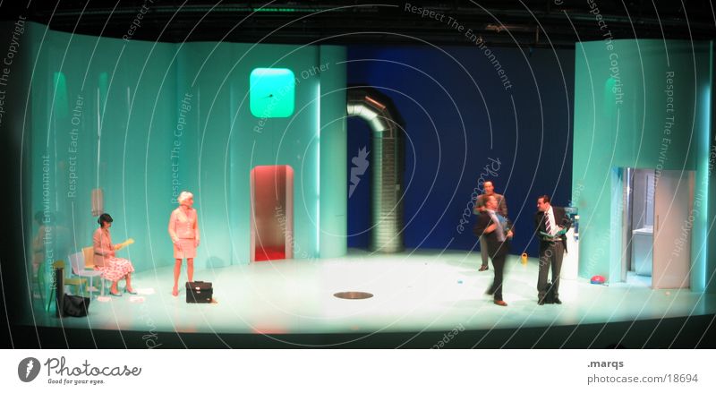 Such a theater Stage Set Panorama (View) Green White Shows Actor Suit Tuxedo Profession Work and employment Company Employees &amp; Colleagues To talk Playing