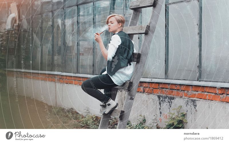 smoking a pipe Lifestyle Androgynous 18 - 30 years Youth (Young adults) Adults Shirt Pants Vest Footwear Accessory Blonde Short-haired Dream Pipe Smoke Smoking