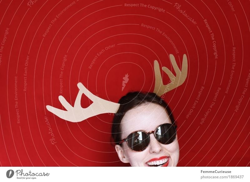 ho ho ho Feminine Young woman Youth (Young adults) Woman Adults 18 - 30 years Joy Christmas & Advent Elk Antlers Home-made Cardboard Red Sunglasses Laughter