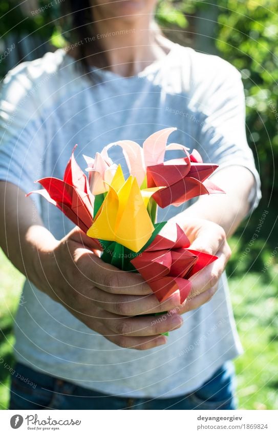 Woman hold bouquet of origami flowers Design Decoration Craft (trade) Hand Art Nature Flower Tulip Paper Bouquet Yellow Pink Red White Colour Origami