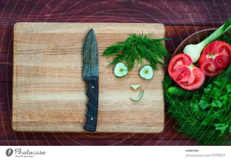 Tomato, cucumber, onion, parsley and dill on a wooden surface Face Kitchen Plant Hair Wood Smiling Fresh Delicious Cute Brown Red Onion Parsley Dill Salad