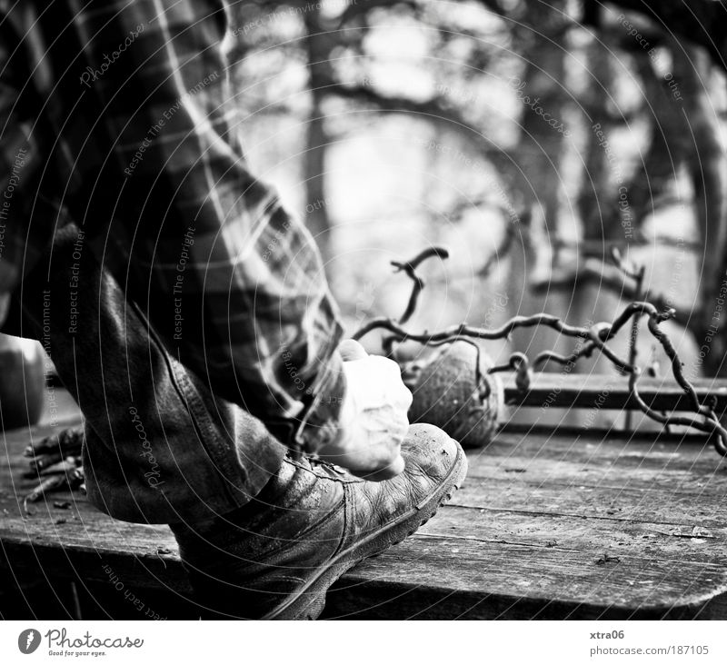 workmen Human being Masculine Man Adults Arm Hand Legs Feet 1 Shirt Pants Footwear Hiking boots Natural Shoelace Bond Crutch Table Wood Working man Woodcutter