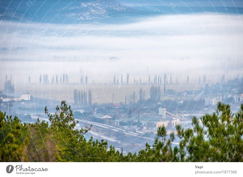 Misty town with trees and buildings Vacation & Travel Environment Nature Landscape Sky Clouds Fog Tree Meadow Field Forest Hill Small Town Industrial plant
