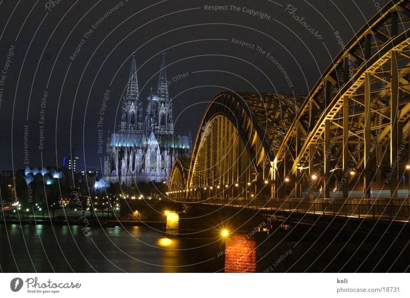 Cologne Cathedral at night Night Dark Lamp Long exposure Architecture Dome Rhine Bridge