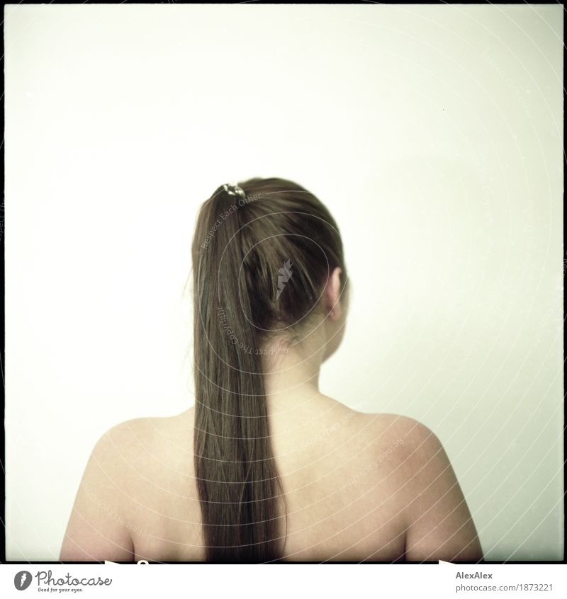 Analogue (6x6) back portrait of young woman with long brunette hair tied into a braid pretty Body Hair and hairstyles Young woman Youth (Young adults) Head