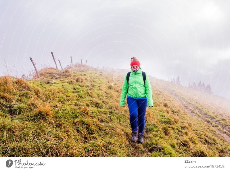 Somewhere in nowhere Leisure and hobbies Mountain Hiking Sports Young woman Youth (Young adults) 18 - 30 years Adults Nature Landscape Autumn Bad weather Fog