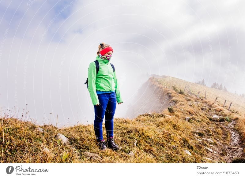 brrrrrrr! Mountain Hiking Sports Woman Adults Nature Landscape Clouds Sun Autumn Fog Alps Peak Headband Backpack Blonde Stand Cool (slang) Gigantic Infinity