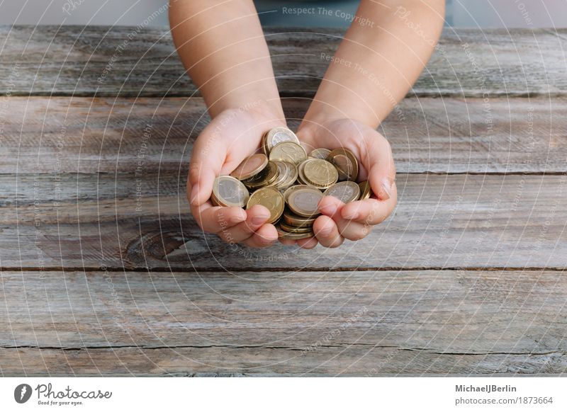 Children Hands Hold Many Coins Of Euro Money Human being Masculine Infancy 1 3 - 8 years Rich Retro Shopping Thrifty Pocket money Colour photo Studio shot