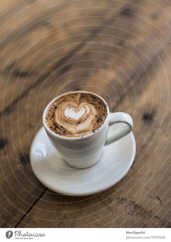 foam heart To have a coffee Coffee Cup Wood Delicious Brown White Cappuccino Coffee froth cocoa powder Heart Saucer Wooden table Rustic Coffee cup Coffee break