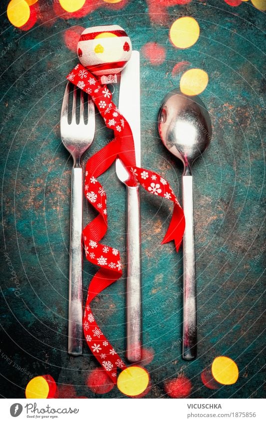 Christmas Cover with Cutlery and Bokeh Nutrition Dinner Banquet Knives Fork Spoon Style Design Joy Living or residing Decoration Table Party Event Restaurant
