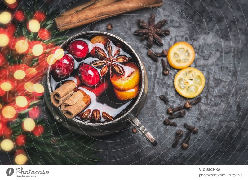 Cup with mulled wine, spices and bokeh lighting Food Fruit Herbs and spices Nutrition Banquet Beverage Hot drink Mulled wine Style Design Winter