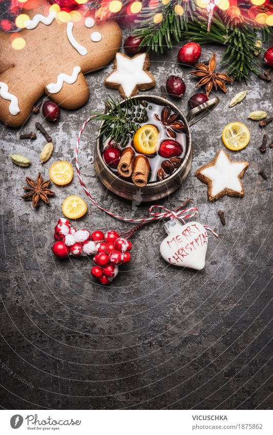 Mulled wine with spices, cookies and gingerbread man Cake Dessert Candy Nutrition Banquet Beverage Hot drink Crockery Cup Style Design Joy Winter