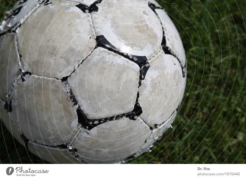 the ball is round Ball sports Soccer Grass Meadow Playing Sports Old Dirty Hideous Round Leisure and hobbies Transience White Worn out Second-hand Colour photo