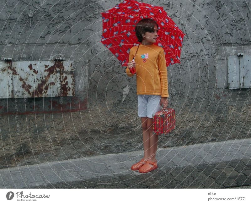 summer rain Child Summer Umbrella Suitcase House (Residential Structure) Human being Rain Street